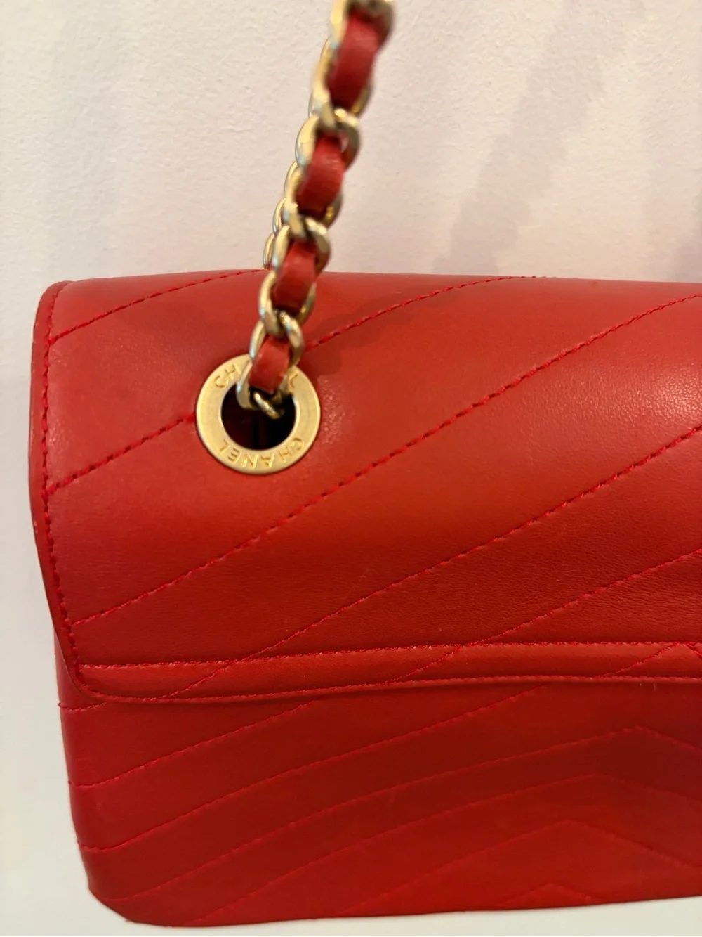 CHANEL Red Chevron Envelope Crossbody Bag with Gold Hardware